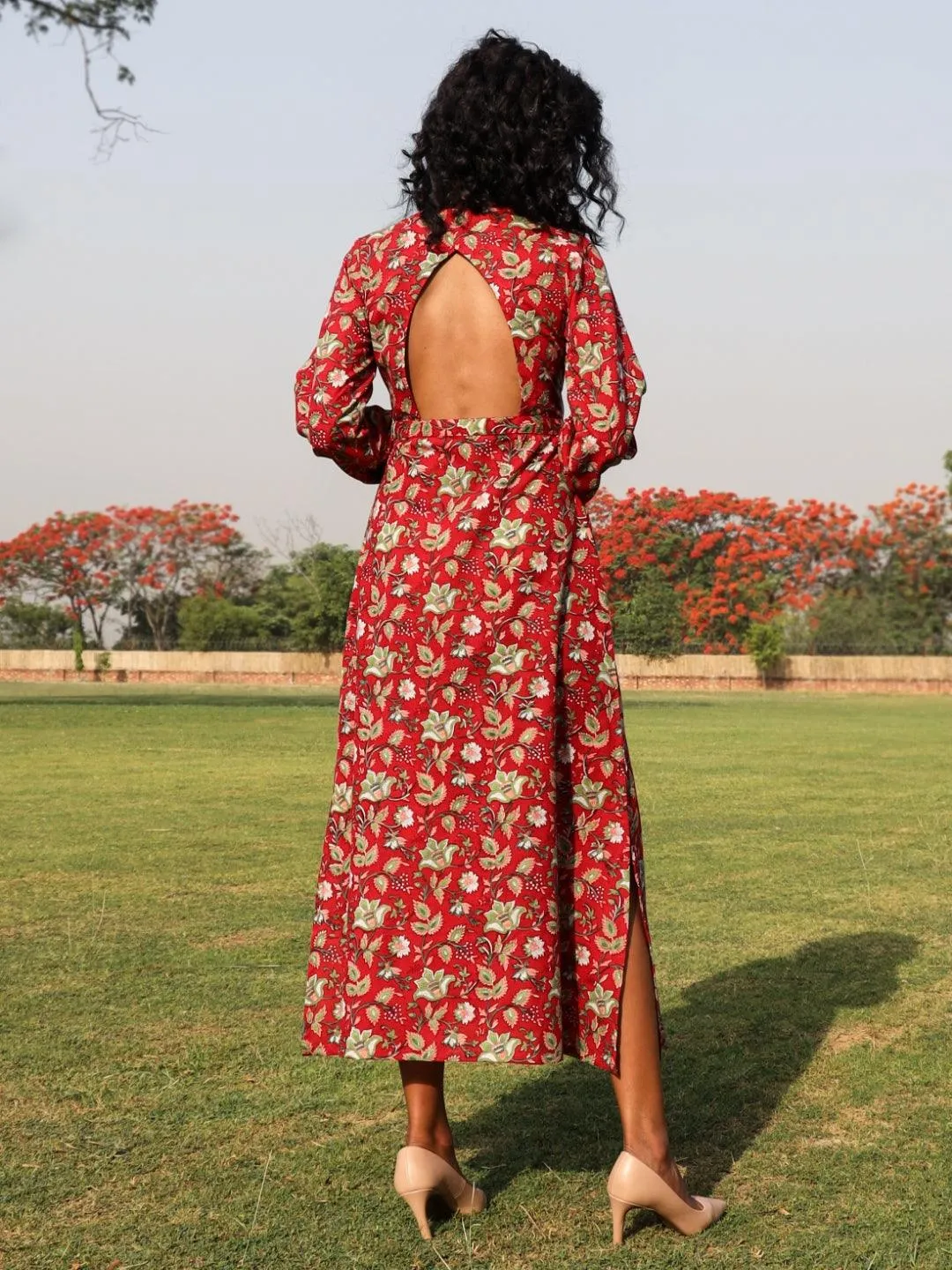 Red Cotton Block Print Backless Dress