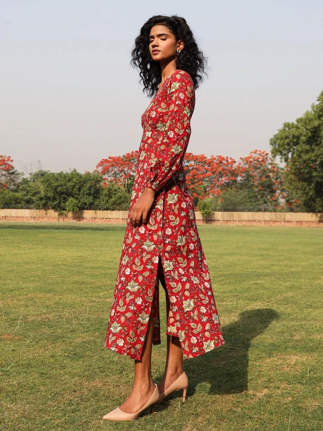 Red Cotton Block Print Backless Dress