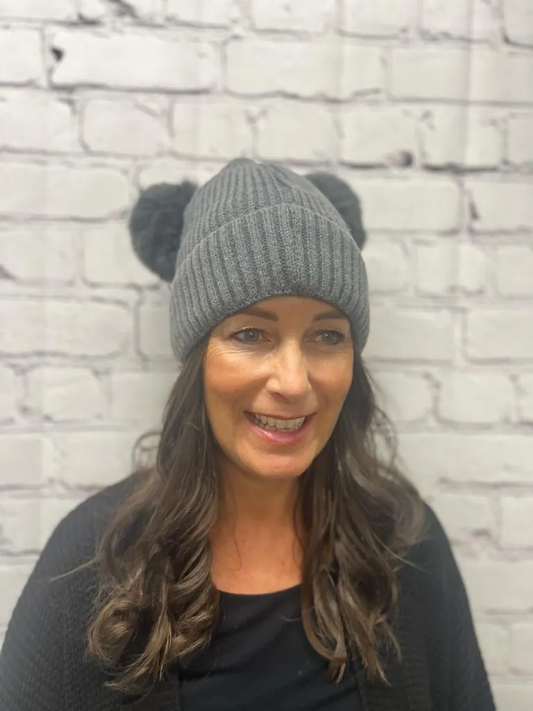 Ribbed Double Bobble Hat