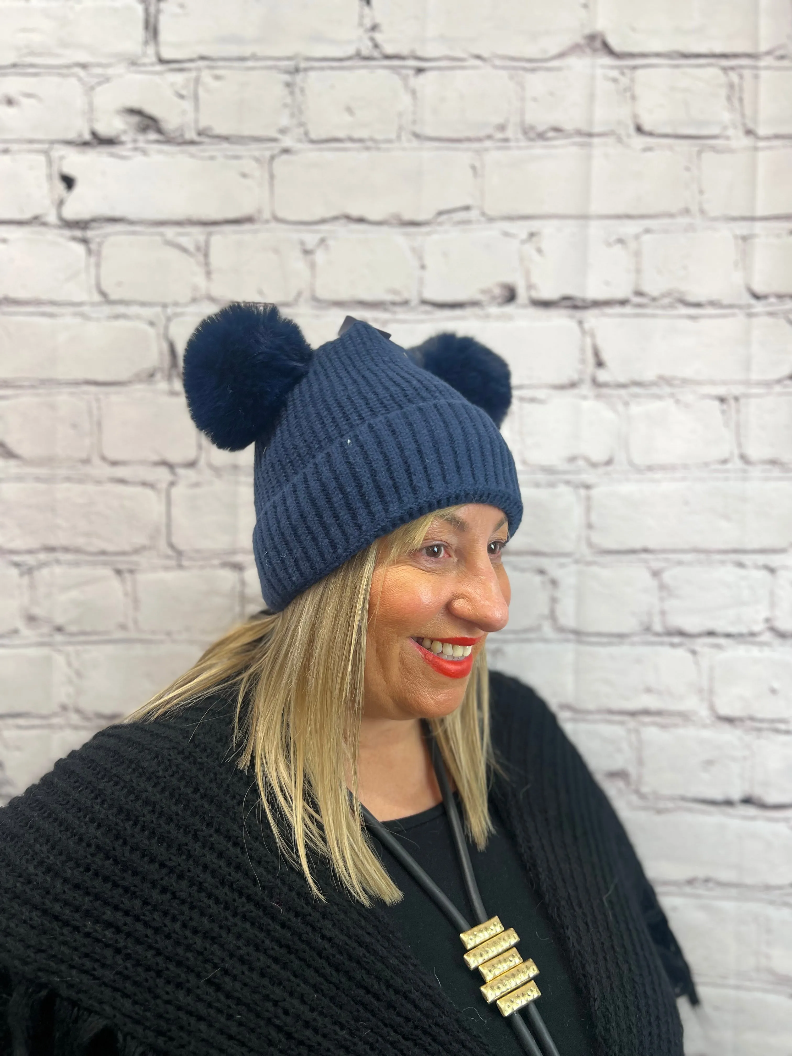 Ribbed Double Bobble Hat