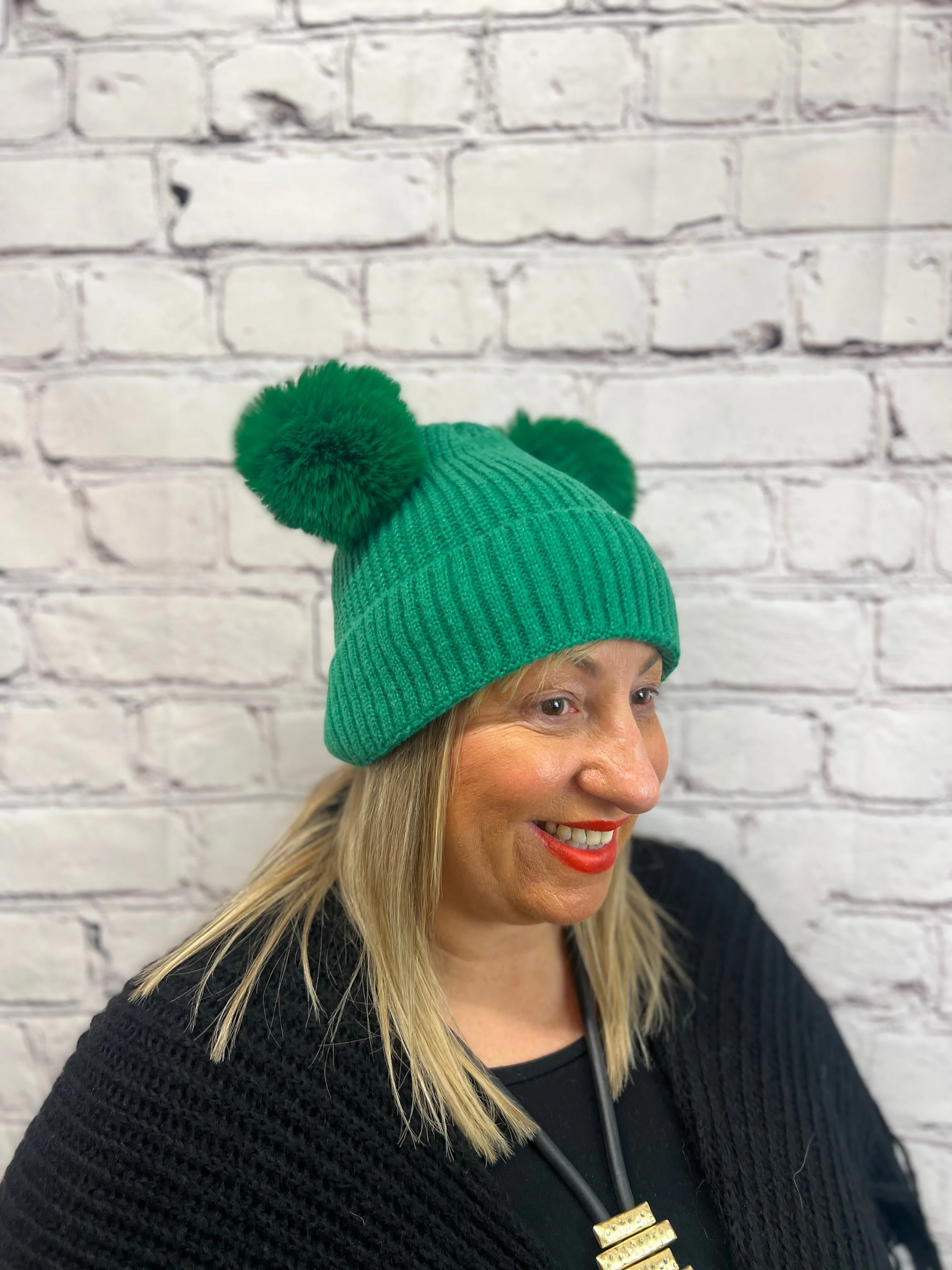 Ribbed Double Bobble Hat