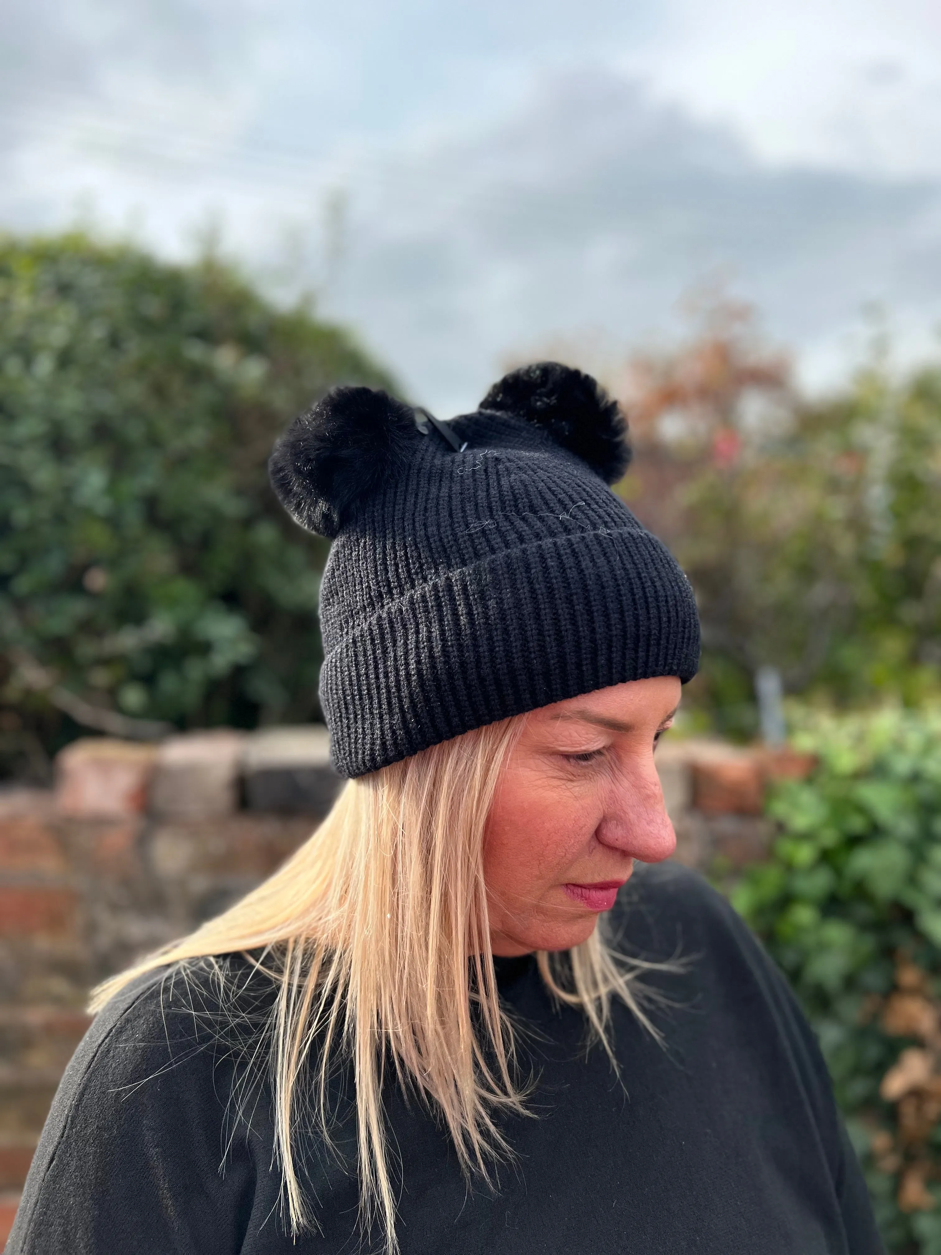 Ribbed Double Bobble Hat