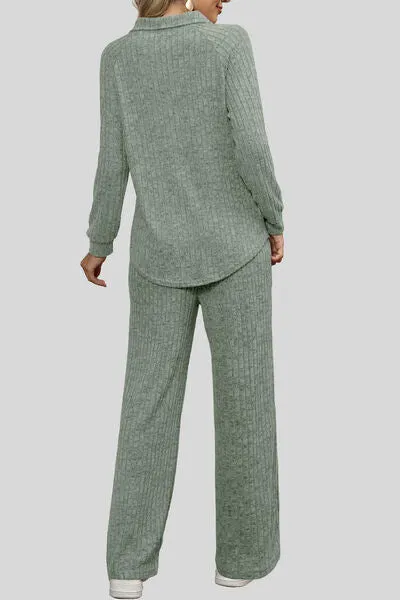 Soft Ribbed Collared Shirt w/ Matching Pants Outfit (S - 2X)