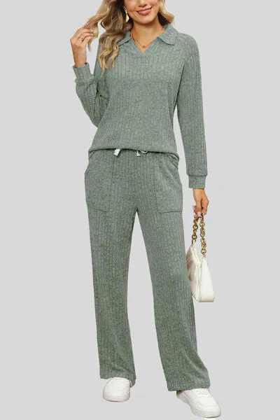 Soft Ribbed Collared Shirt w/ Matching Pants Outfit (S - 2X)