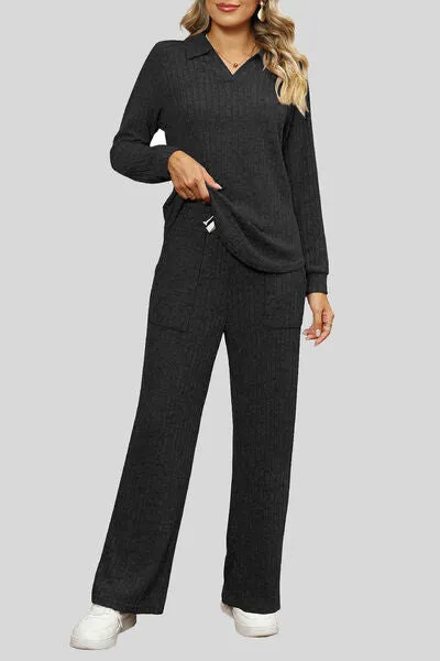 Soft Ribbed Collared Shirt w/ Matching Pants Outfit (S - 2X)