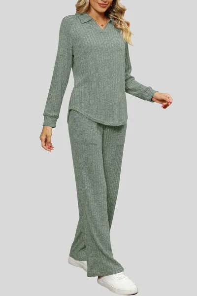 Soft Ribbed Collared Shirt w/ Matching Pants Outfit (S - 2X)