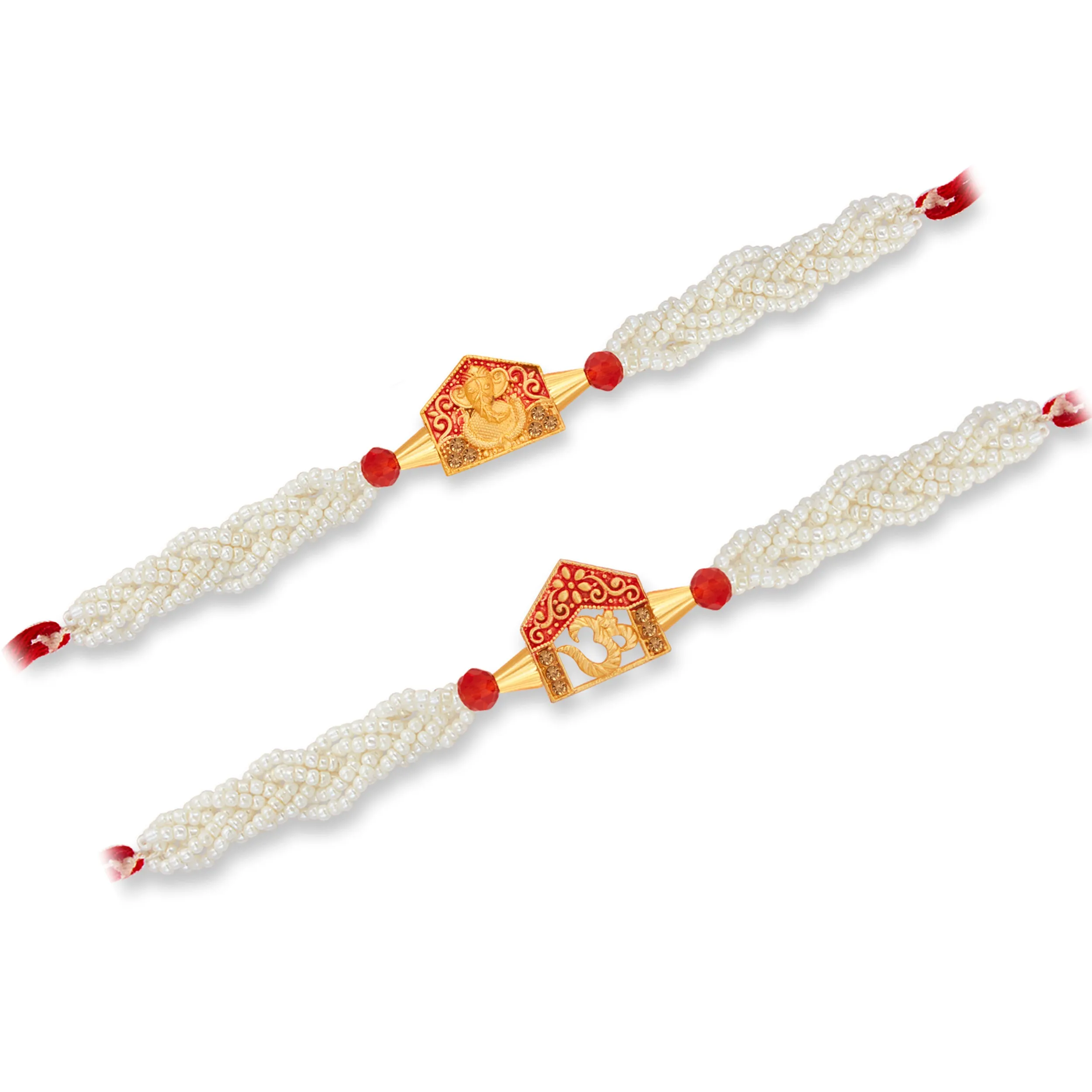 Sukkhi Amazing Gold Plated Ganesh & OM Rakhi Combo (Set of 2) with Roli Chawal and Raksha Bandhan Greeting Card For Men