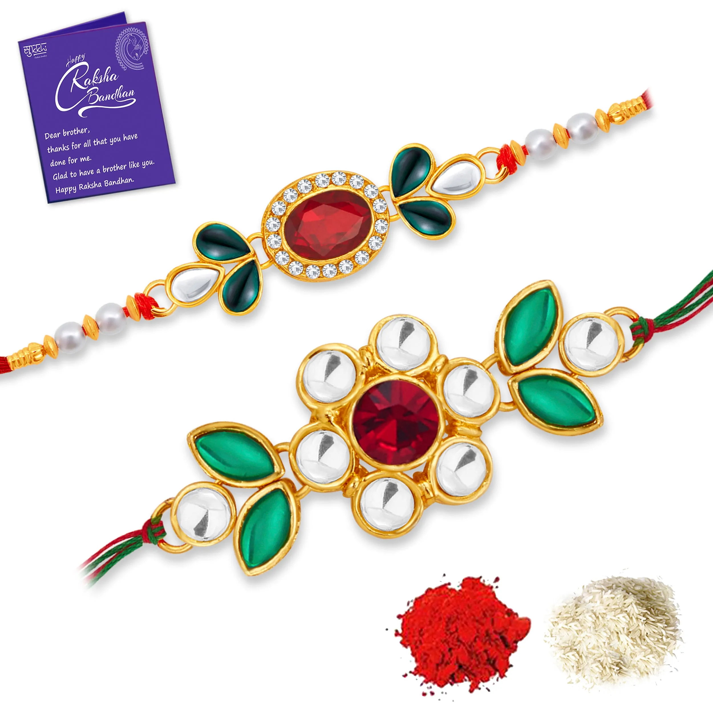 Sukkhi Beautiful Gold Plated Floral Kundan Rakhi Combo (Set of 2) with Roli Chawal and Raksha Bandhan Greeting Card For Men