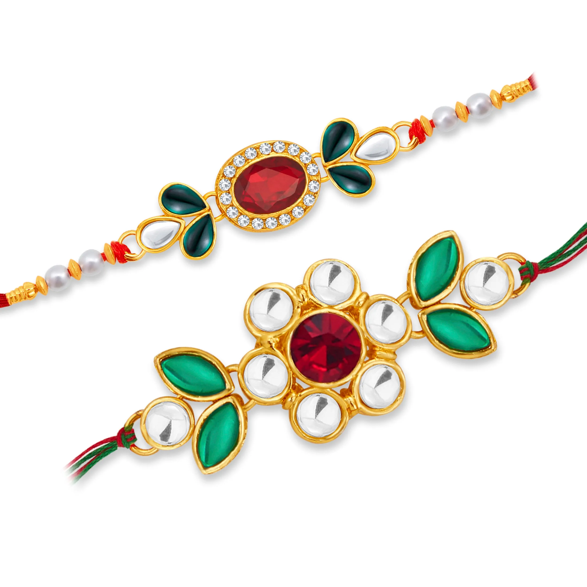 Sukkhi Beautiful Gold Plated Floral Kundan Rakhi Combo (Set of 2) with Roli Chawal and Raksha Bandhan Greeting Card For Men