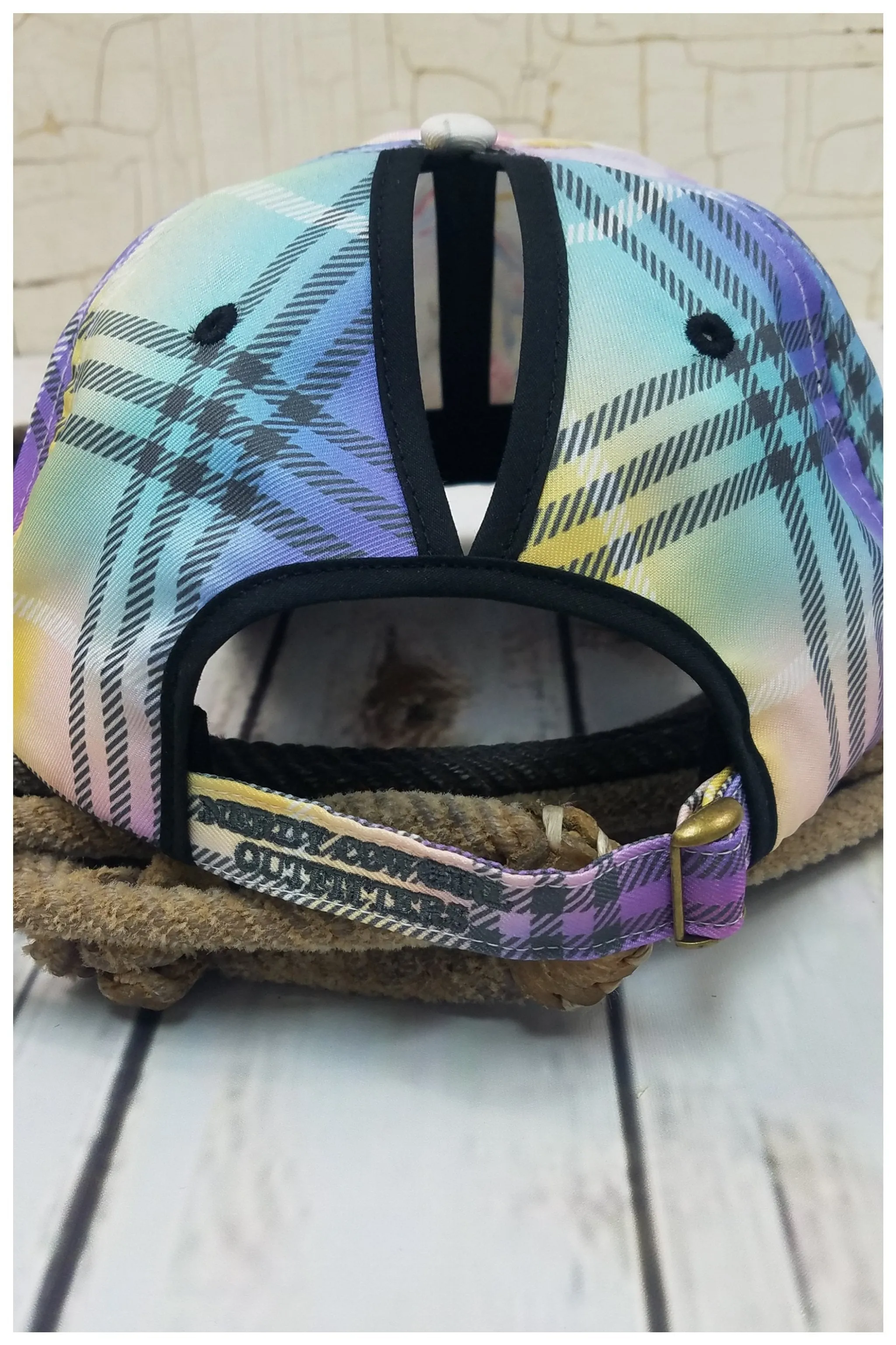 Unicorn Rainbow Plaid Messy Bun Ponytail Hat